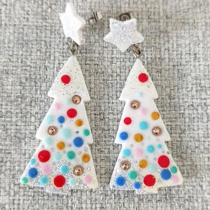 White Christmas Tree Earrings, Glitter Holiday Earrings, Cute Xmas Jewelry, Festive Earrings for Girls, Handmade Polymer Clay Earrings