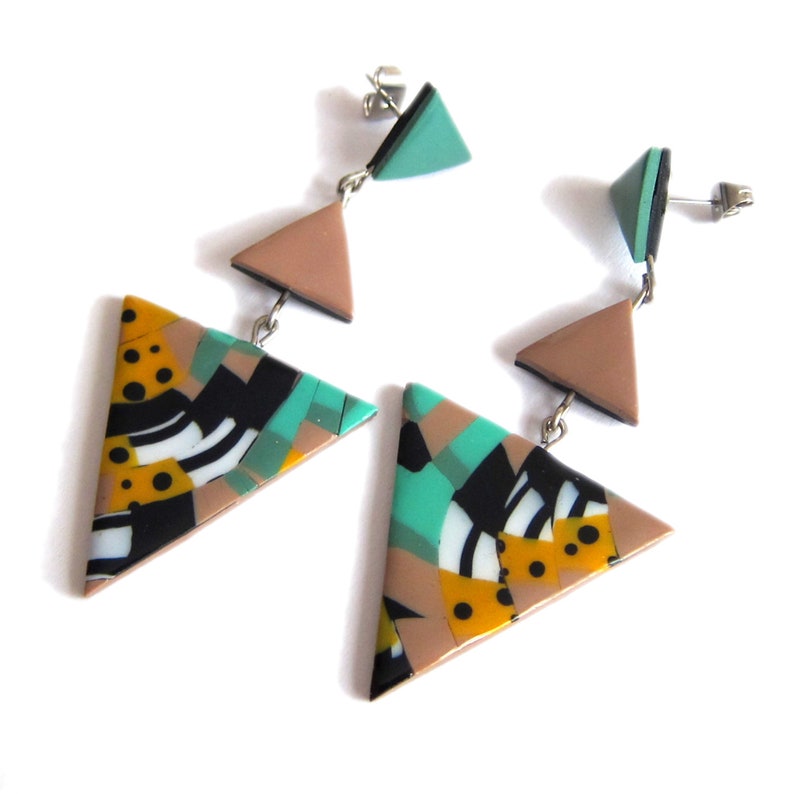 Big Earrings Statement Earrings Sage Green Earrings Triangle Earrings Big Geometric Earrings Brown Earrings Eye Catching Earrings