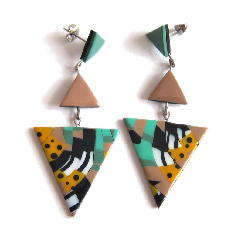 Big Earrings Statement Earrings Sage Green Earrings Triangle Earrings Big Geometric Earrings Brown Earrings Eye Catching Earrings