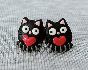 Black Cat Stud Earrings – Cute Cat Jewelry with Red Heart, Handmade Polymer Clay Mothers Day Gift