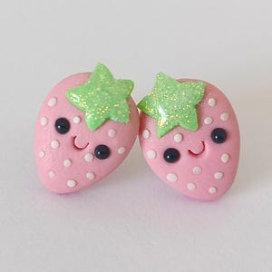 Cute Strawberry Earrings – Pink Polymer Clay Studs – Kawaii Food Jewelry – Handmade Gift for Girls
