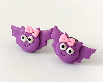 Kawaii Purple Bat Stud Earrings | Polymer Clay Bat Jewelry | Cute Halloween Earrings | Handmade Spooky Cute Gift