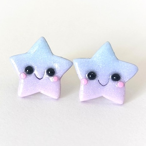 Funny Glitter Star Earrings – Cute Pastel Purple Star Studs with Eyes, Kawaii Jewelry for Kids and Girls
