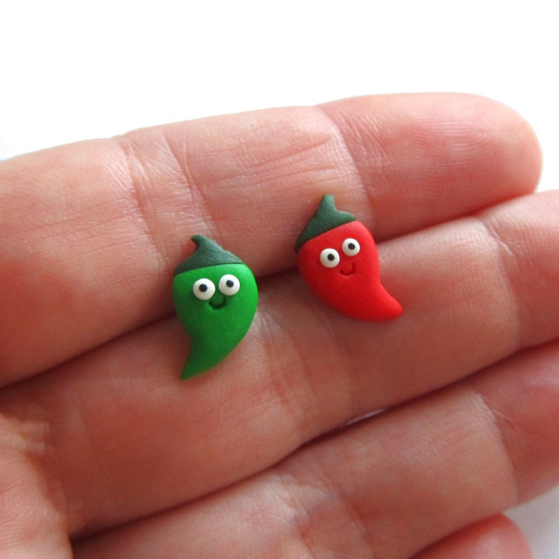 Red and Green Chili Peppers Earrings, Pepper Earrings, Funny Pepper Earrings, Stud Earrings, Polymer Clay Jewelry, Food Earrings Funny Gifts image 3