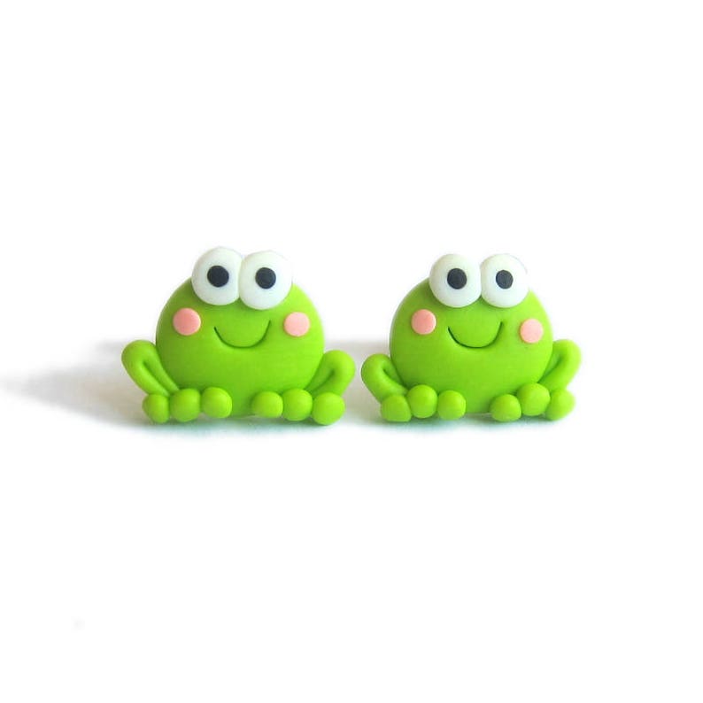 Frog Earrings, Frogs Polymer Clay Jewelry, Green Earrings, Small Earrings, Stud Earrings, Animal Earrings, Valentines Day Gift For Girls Her image 1