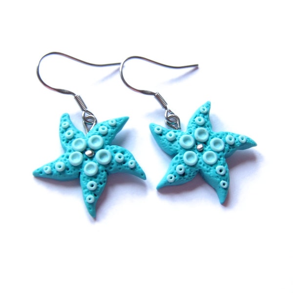 Polymer Clay Earrings, Dangle Blue Earrings, Blue Starfish Earrings, Starfish Jewelry, Nautical Earrings, Turquoise Earrings, Fimo Earrings