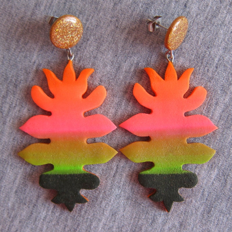 Neon Earrings Neon Orange Earrings Big Earrings Colorful Etsy