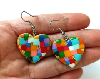 Colorful Mosaic Polymer Clay Dangle Earrings | Modern Statement Heart Earrings | Handmade Geometric Jewelry with Gold Leaf