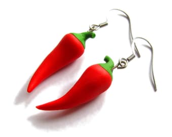 Polymer Clay Food, Miniature Food Jewelry, Red Chili Peppers Earrings, Pepper Earrings, Red Earrings, Polymer Clay Jewelry, Food Earrings