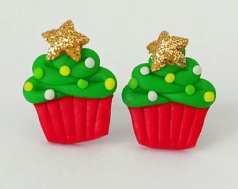Christmas Tree Cupcake Stud Earrings, Handmade Polymer Clay Christmas Jewelry, Cute Holiday Gift