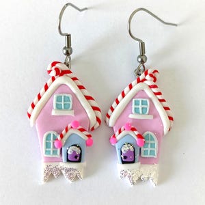 Candy House Earrings – Pink Gingerbread House Dangles – Cute Christmas Jewelry – Handmade Polymer Clay Earrings
