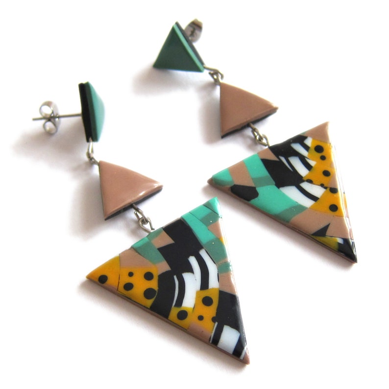 Big Earrings Statement Earrings Sage Green Earrings Triangle Earrings Big Geometric Earrings Brown Earrings Eye Catching Earrings