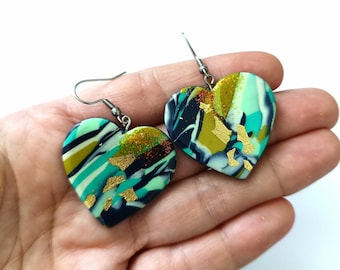 One Of A Kind Colorful Heart Earrings, Navy Turquoise Green Boho Polymer Clay Jewelry, Gold Accent, Modern Statement Earrings