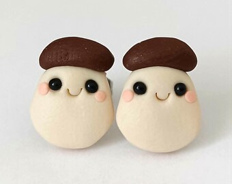 Kawaii Porcini Mushroom Stud Earrings, Cute Polymer Clay Toadstools, Autumn Funny Jewelry