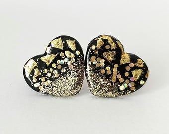 Svartguld Hjärtformade Örhängen, Polymer Clay Glitter Eleganta Statement Smycken