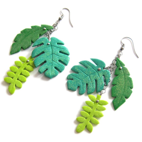 Boucles d’oreilles en pâte polymère, feuille boucles d’oreilles, bijoux feuille, grandes boucles d’oreilles vertes, grandes boucles d’oreilles, boucles d’oreilles longues, plage boucles d’oreilles, boucles d’oreilles Tropical, Fimo