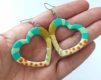 One Of A Kind Colorful Open Heart Earrings, Navy Turquoise Green Gold, Modern Polymer Clay Jewelry, Statement Dangle Earrings