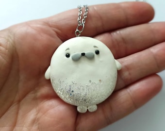 Cute White Seal Necklace, Kawaii Polymer Clay Pendant, Silver Glitter Animal Jewelry, Handmade Ocean Inspired Necklace