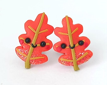 Kawaii Oak Leaf Stud Earrings, Orange Leaf Earrings, Cute Autumn Jewelry, Polymer Clay Stud Earrings, Woodland Gift, Stainless Steel