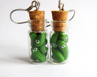 Gherkins Earrings, Pickles Earrings, Cucumber Earrings, Pickles In Jar Jewelry, Emo Vial Food Earrings, Kitchen Appliances, Green Earrings,