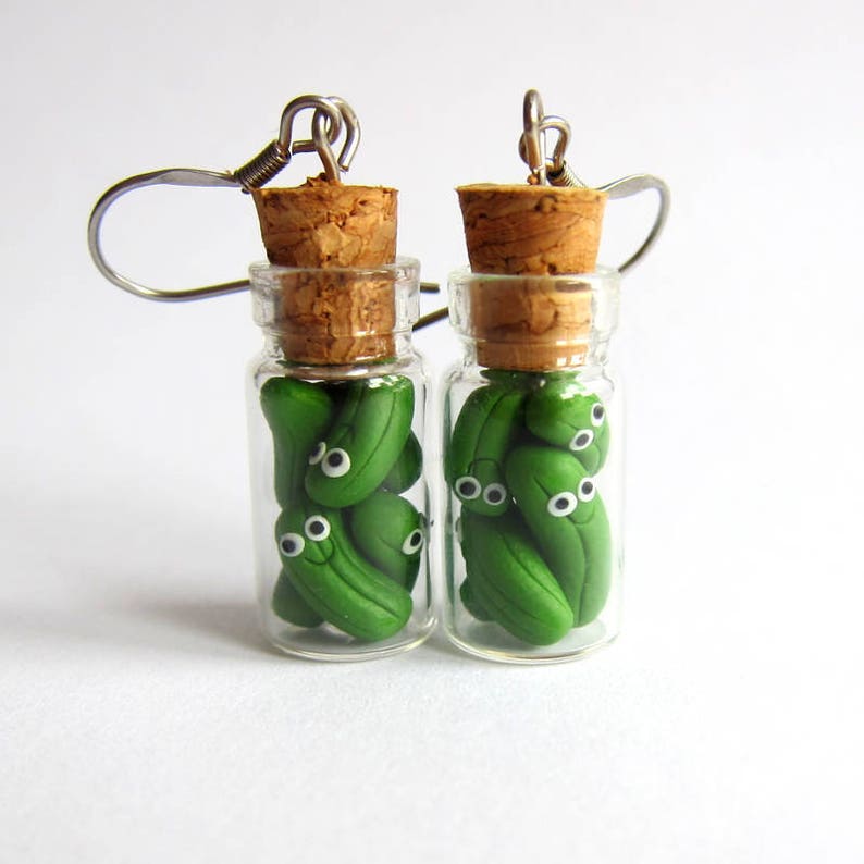 Gherkins Earrings, Pickles Earrings, Cucumber Earrings, Pickles In Jar Jewelry, Emo Vial Food Earrings, Kitchen Appliances, Green Earrings, image 1