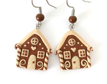 Örhängen av pepparkakshus, julsmycken av polymerlera, julaccessoar, polkagrisdesign