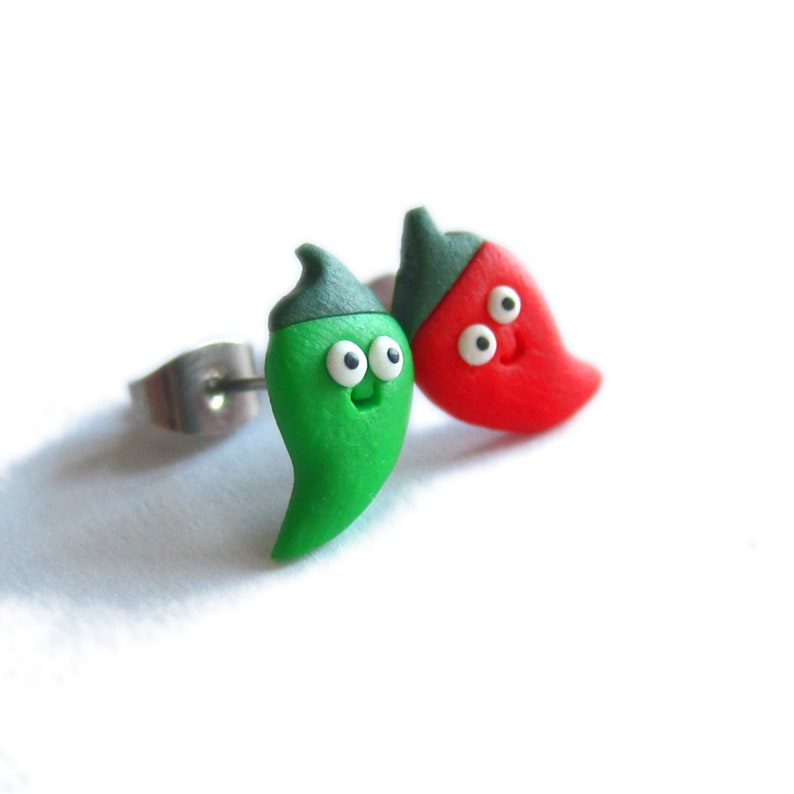 Red and Green Chili Peppers Earrings, Pepper Earrings, Funny Pepper Earrings, Stud Earrings, Polymer Clay Jewelry, Food Earrings Funny Gifts image 2