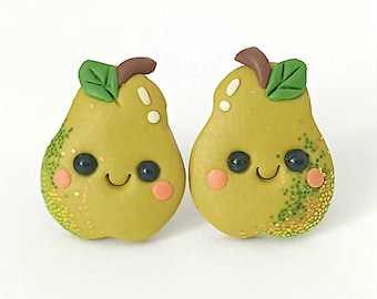 Kawaii Green Pear Stud Earrings, Polymer Clay Fruit Earrings, Cute Mini Pear Earrings, Kawaii Jewelry, Sweet Gift for Her
