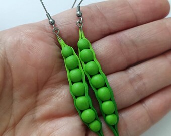 Pea Pod Earrings - Handmade Polymer Clay  Green Peas Earrings - Vegan Vegetable Food Jewelry