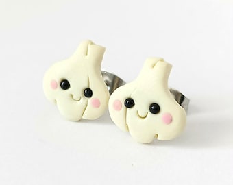 Kawaii Garlic Stud Earrings, Cute Food Earrings, Polymer Clay Garlic Jewelry, Funny Mini Food Earrings, Handmade Quirky Gift