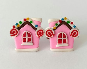 Rosa pepparkakshusörhängen, julsmycken i polymerlera, polkagrisdesign