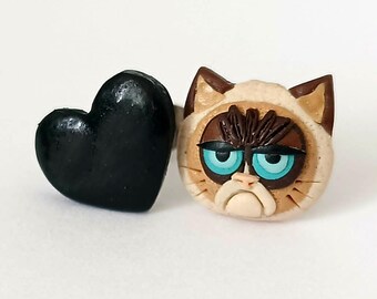 Grumpy Cat Mismatched Earrings, Black Heart Studs, Cute Cat Jewelry, Quirky Polymer Clay Earrings, Cat Lover Gift