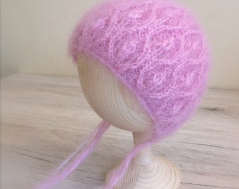 Newborn mohair bonnet / Newborn bonnet / Mohair hat / Hand knit bonnet