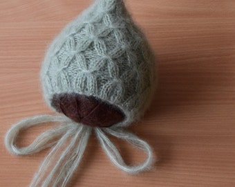 Newborn mohair bonnet / Newborn bonnet / Mohair hat / Hand knit bonnet