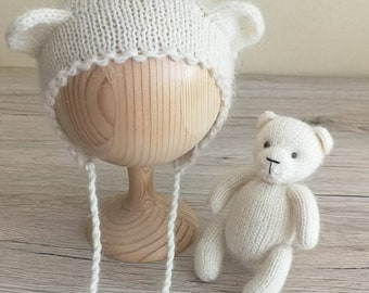 Knit teddy bear,Mini bear toy and hat , Mini bear toy for newborn photo shoot, Newborn props, Newborn angora bear bonnet,