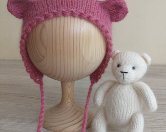 Knit teddy bear,Mini bear toy and hat , Mini bear toy for newborn photo shoot, Newborn props, Newborn angora bear bonnet,