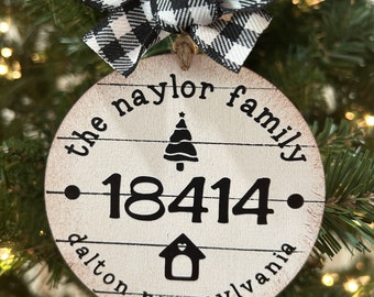 Personalized Holiday Wood Chip Ornament | Zip Code | New Home Gift