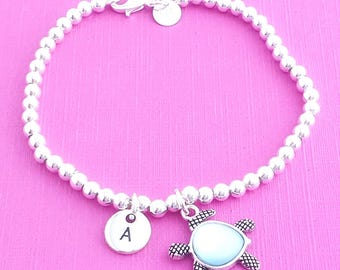 Personalised 925 Sterling Silver Sea Turtle Bracelet, Dainty Jewellery Gift for Mum, Custom Ball Bead Bracelet for 30th 40th 50th Birthday