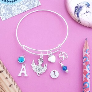 Scottish Thistle Bangle: Silver Plated Scotland Gift, Personalised Charm Bracelet image 7