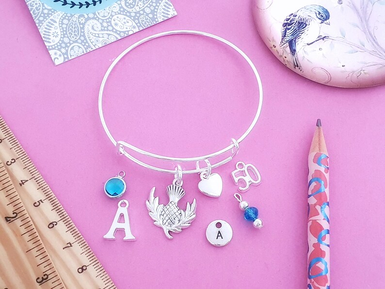 Scottish Thistle Bangle: Silver Plated Scotland Gift, Personalised Charm Bracelet image 7