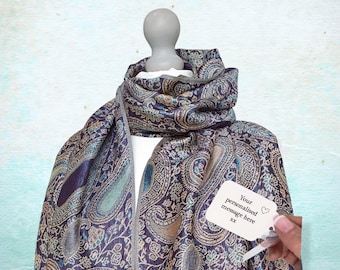 Purple Paisley Woven Scarf with Tassels: Custom Pashmina Style Shawl in a Box