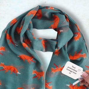Fox Scarf In A Gift Box: Fox Lover Personalised Womens Woodland Wrap, Ladies 50th 60th 70th Birthday Present