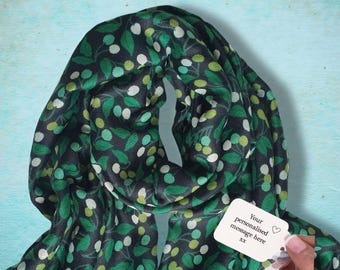 Personalised Green Leaf Scarf in a Gift Box: William Morris Style Print,  60th 70th 80th Birthday Present