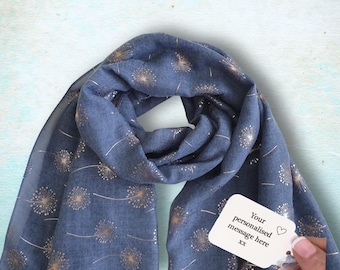 Ladies Denim Blue Dandelion Scarf In A Gift Box, Personalised Rose Gold Foiled Shawl, 50th 60th 70th Birthday, Make A Wish Letterbox Shawl