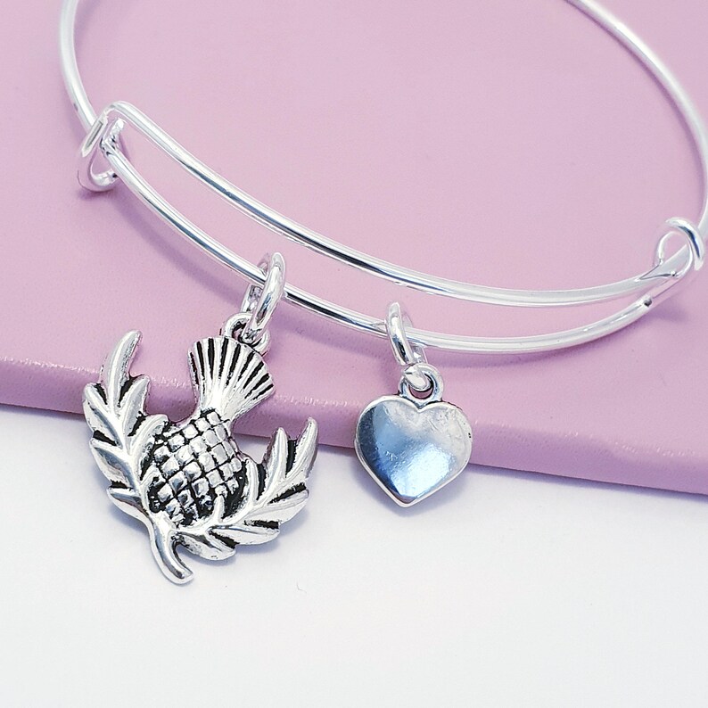 Scottish Thistle Bangle: Silver Plated Scotland Gift, Personalised Charm Bracelet image 6