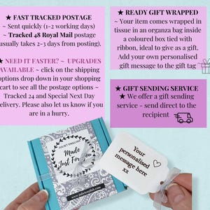 May include: A small turquoise blue gift box with a white and gray paisley pattern. The box is tied with a white ribbon and has a white gift tag attached. The gift tag has the text "Your personalized message here XX" printed on it. The box is labeled "Juliet English Made Just For You" and has a website address printed on the bottom.