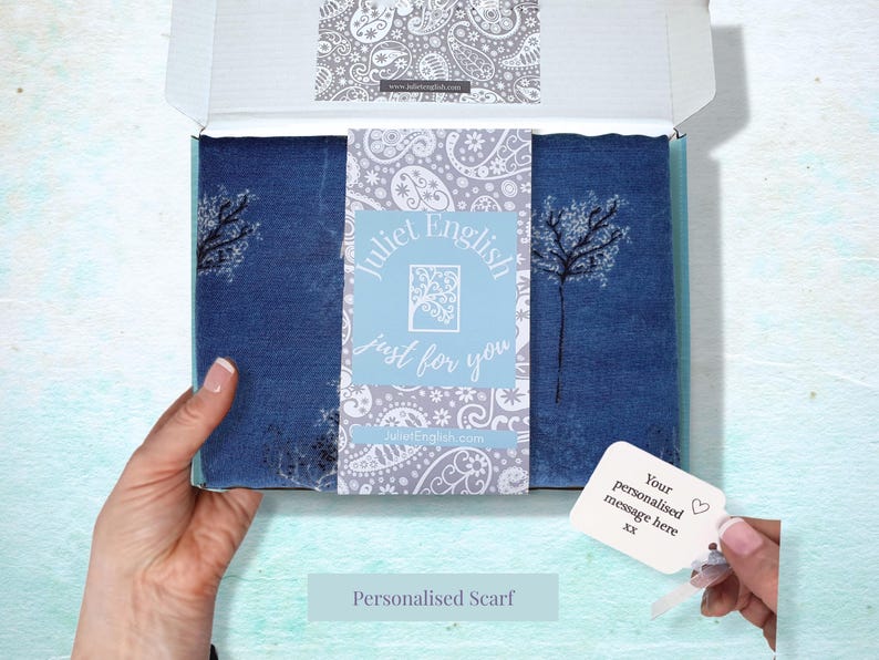 Personalised Delicate Tree Print Scarf in a Box, Ladies 50th Birthday