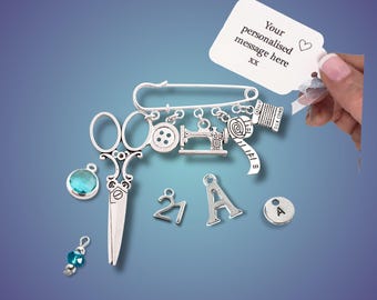 Sewing Theme Brooch Pin: Personalised Quirky Unique Seamstress Gift, Mum 50th 60th Birthday, Letterbox Present for Gran 70th 80th
