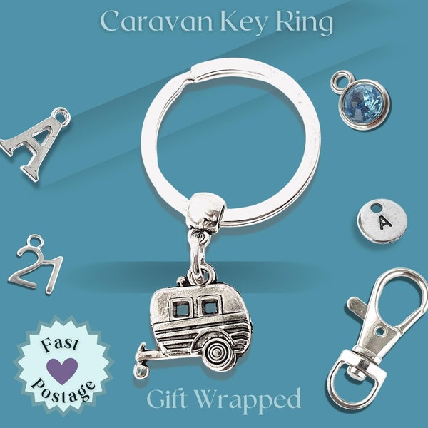 Caravan keyring, Customisable Novelty Caravanning Gifts, Camper Key Fob, Letterbox Birthday Present, 40th 50th 60th, Holiday Reveal Gift UK