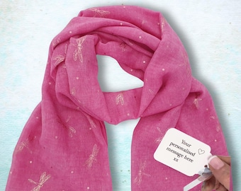 Fuchsia Pink Dragonfly Scarf in a Box: Lightweight Ladies Foiled Scarf, Personalised 50th 60th 70th Birthday Gift